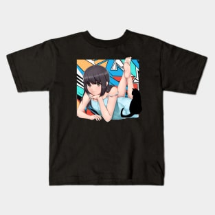 Anime Girl with black cat Kids T-Shirt